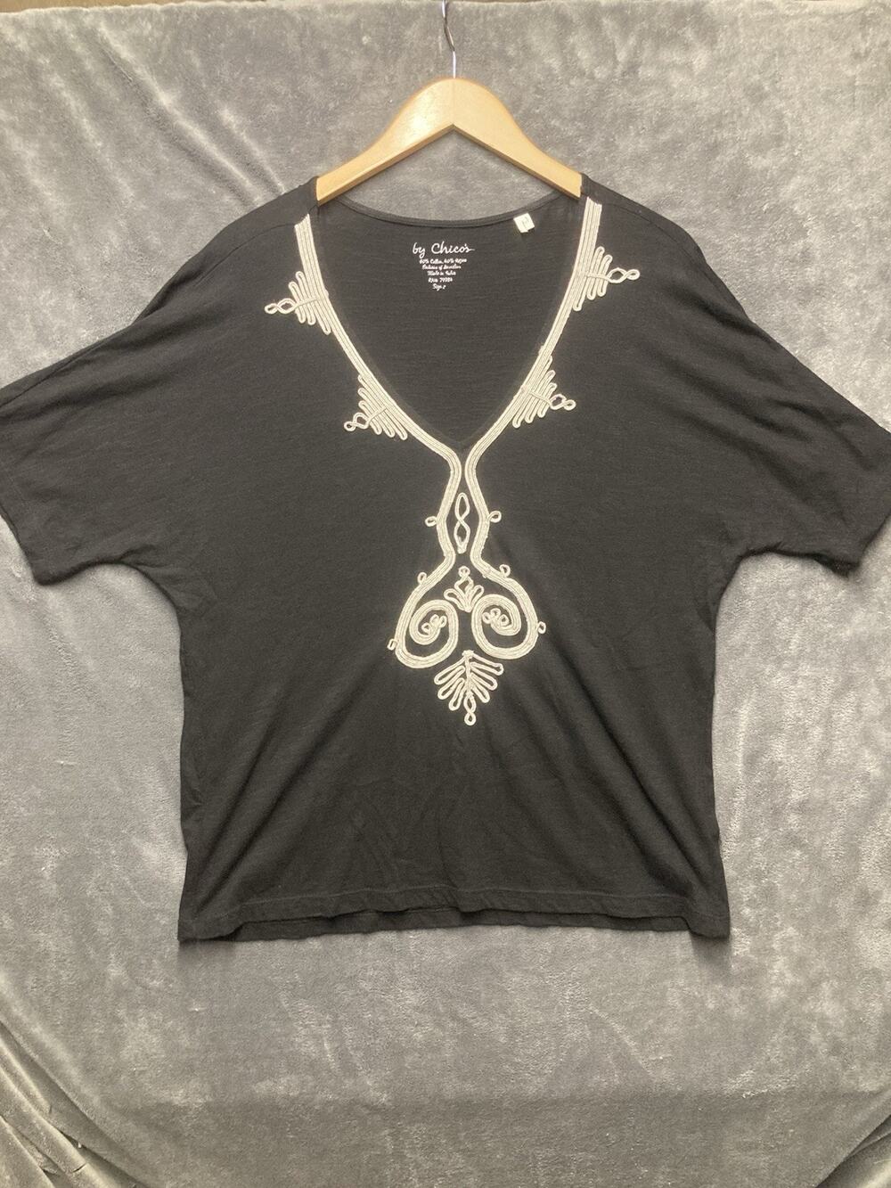 Chico’s Black Soutache Embroidered Top Sz 2 Dolman Slv Tribal Boho Whimsigoth
